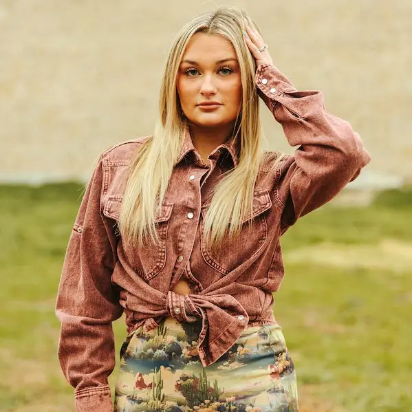 Burgundy Mineral Wash Denim Pearl Snap Long Sleeve Shirt